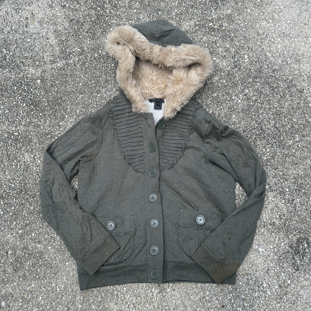 Marc Jacobs Olive Green Faux Fur Trim Sherpa Lined Ruffle Hoodie Jacket Large